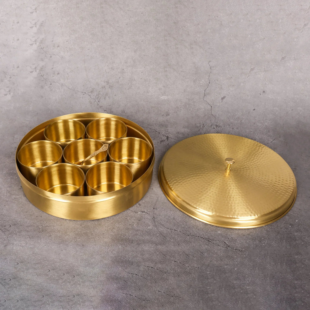 Copper Mart Brass Spice Organizer (Masala Dabba) – 7-Cup Spice Box with Spoons