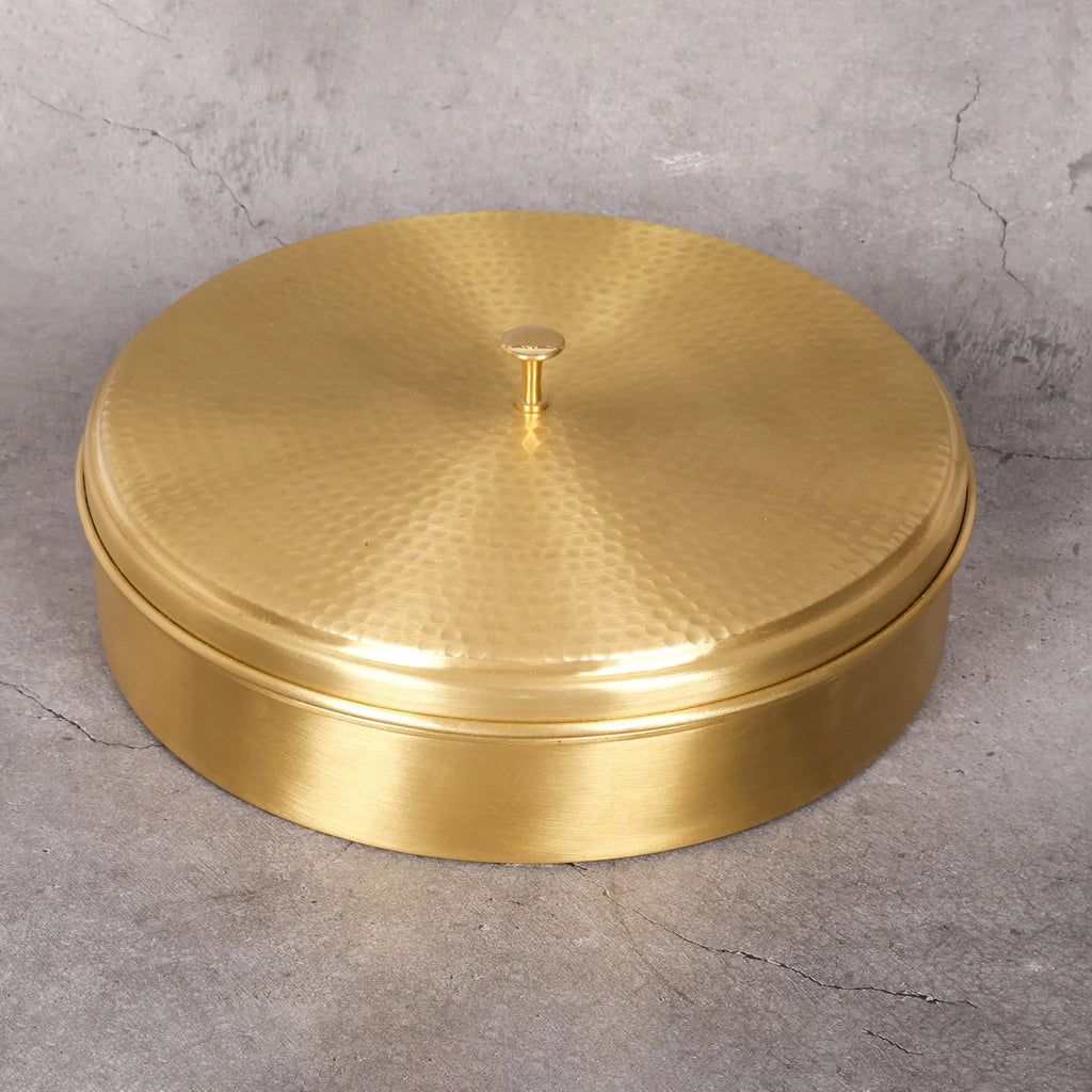 Copper Mart Brass Spice Organizer (Masala Dabba) – 7-Cup Spice Box with Spoons