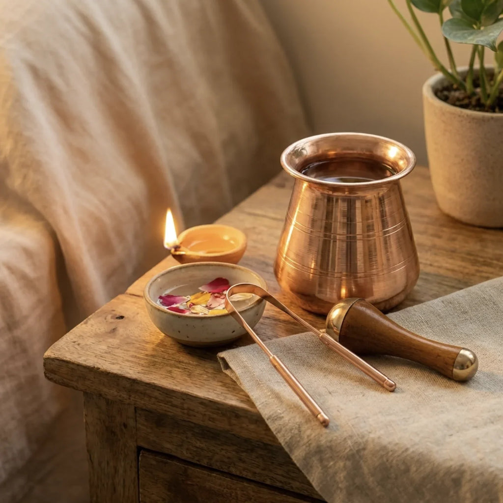 Copper Mart The Ayurvedic Self-Care Kit – Kansa Face Wand + Tongue Scraper + Bedside Carafe
