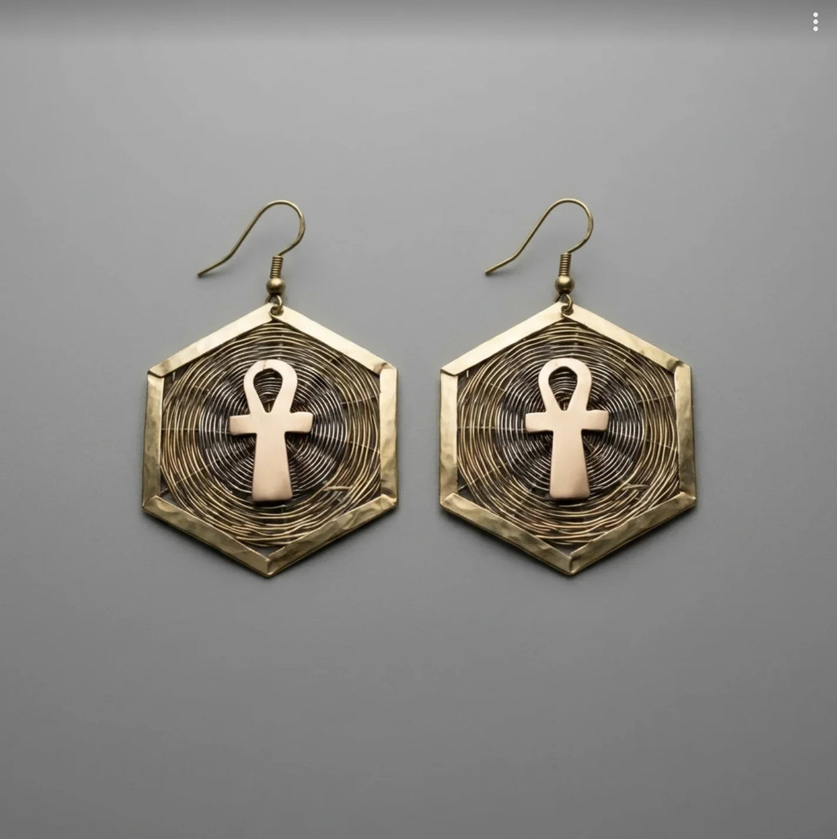 Copper Mart Brass Ankh Earrings — Hexagonal Drop Earrings with Copper Ankh Symbol | Handmade