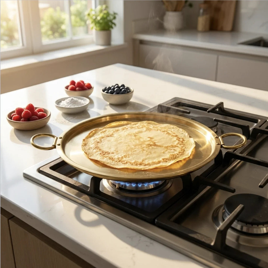 Copper Mart Brass Crepe Pan – Flat Griddle for Crepes, Dosa & Pancakes, Heavy-Gauge