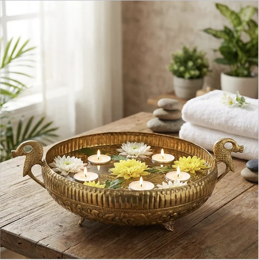 Copper Mart Handcrafted Brass Peacock Urli – Heritage Floating Flower Bowl