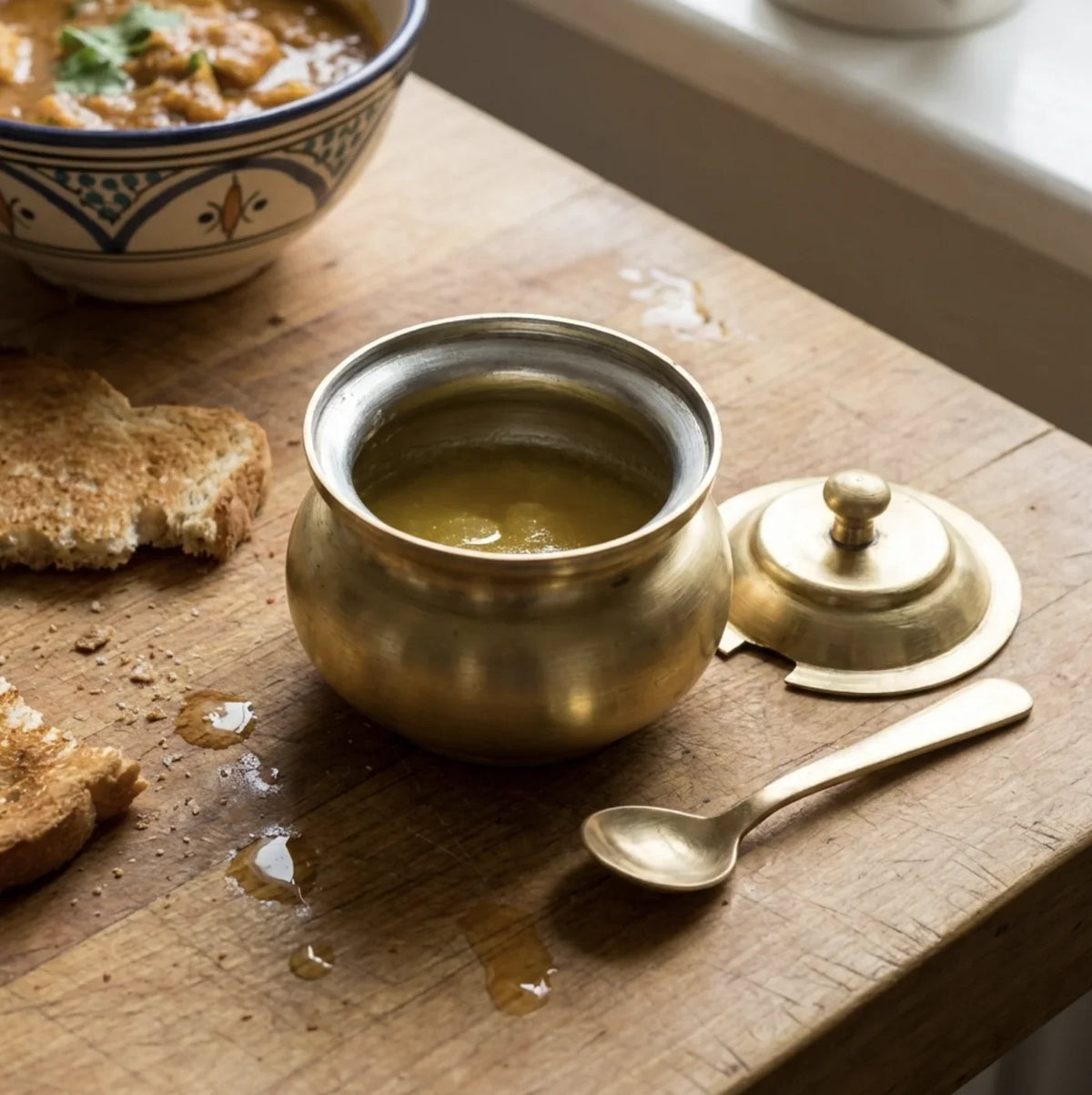 Copper Mart Traditional Brass Ghee Pot – Clarified Butter Storage with Spoon