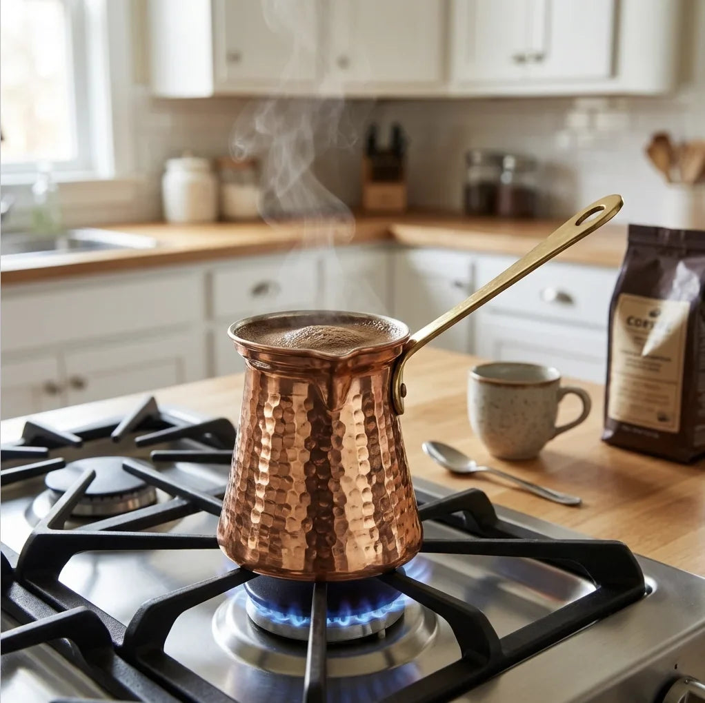 Copper Mart Copper Turkish Coffee Pot (Ibrik) – Hand-Hammered Cezve, Tin-Lined (Kalai), Solid Copper