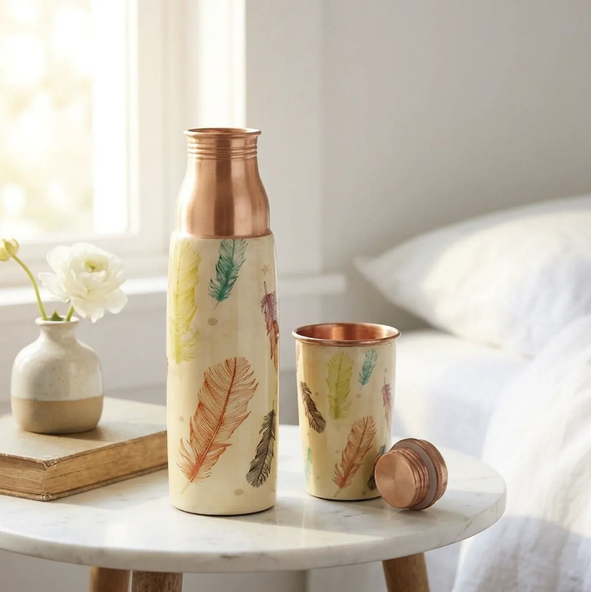 Copper Mart Designer Copper Water Bottle & Glass Set – Feather Pattern, 34 oz