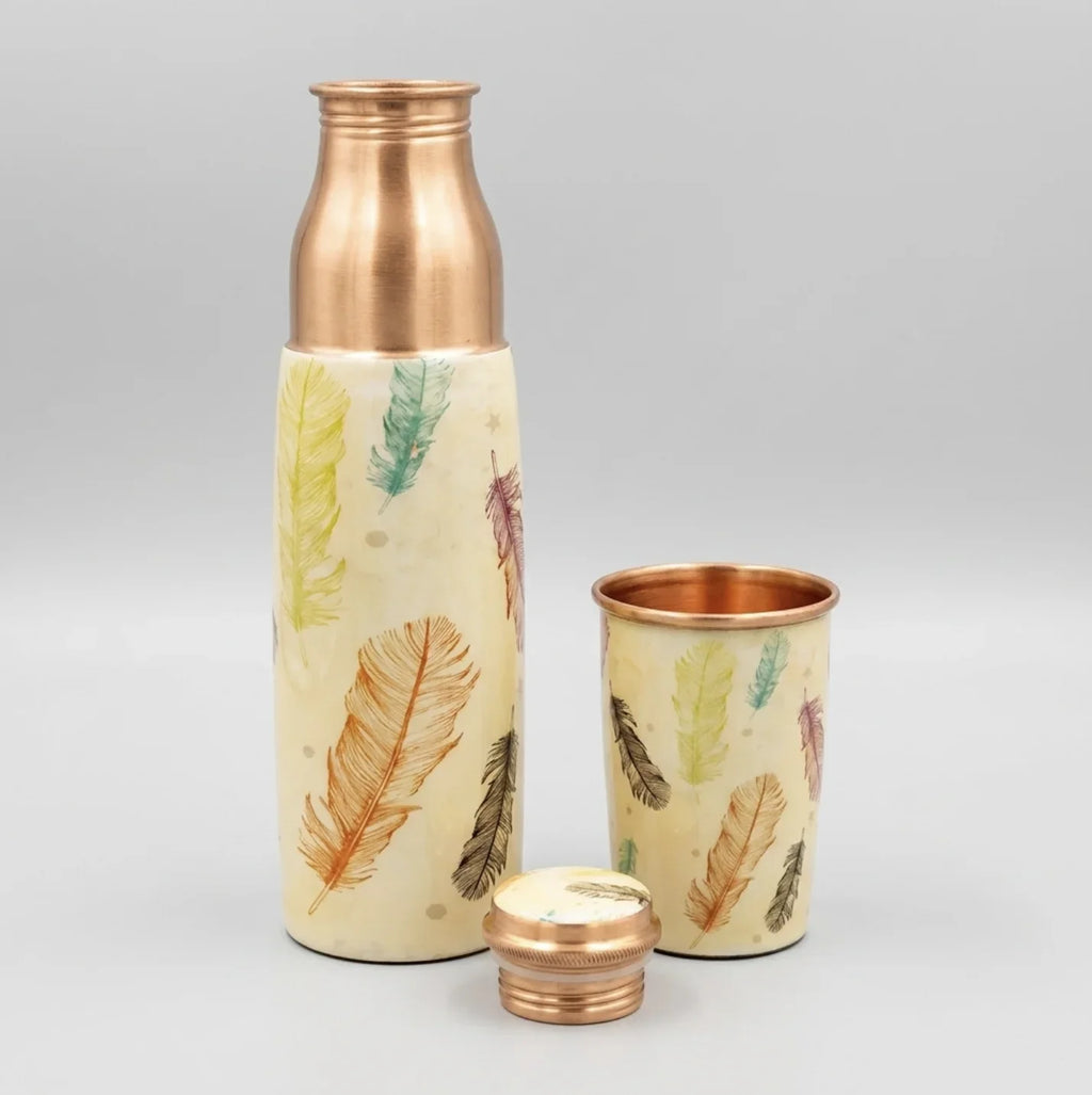 Copper Mart Designer Copper Water Bottle & Glass Set – Feather Pattern, 34 oz