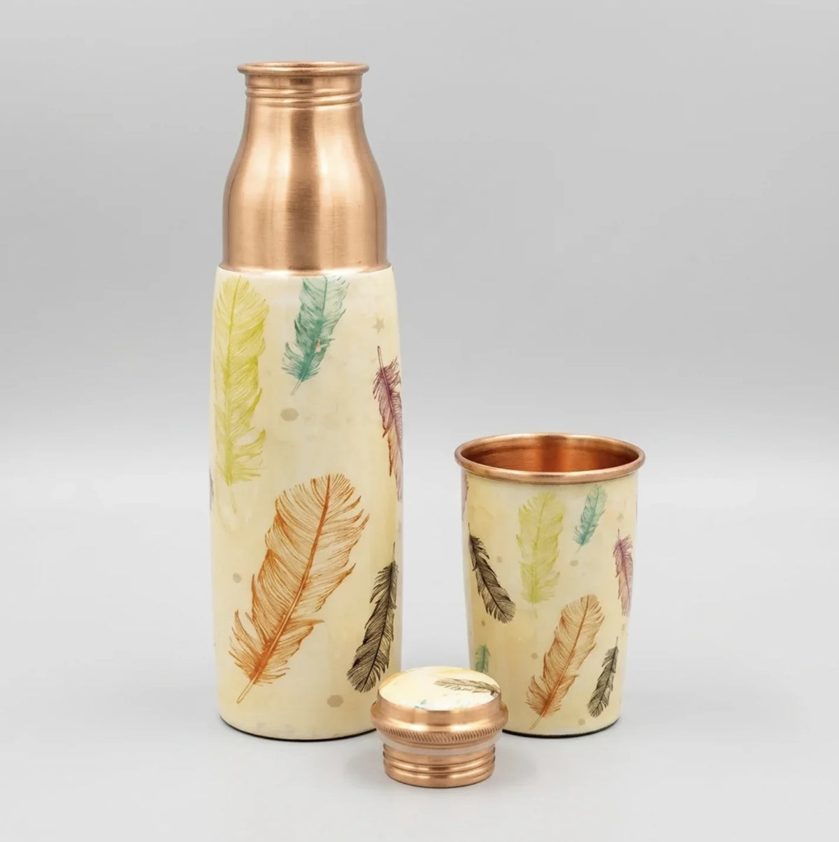 Copper Mart Designer Copper Water Bottle & Glass Set – Feather Pattern, 34 oz
