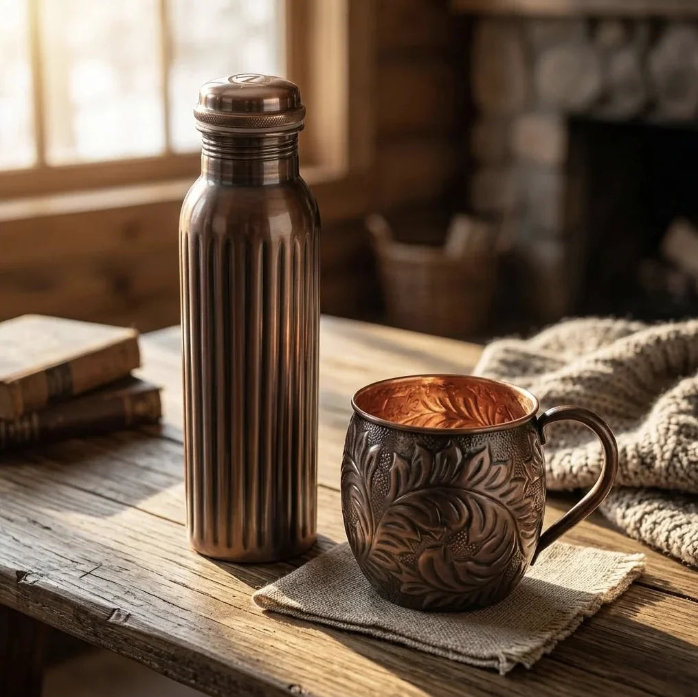 Copper Mart Antique Copper Water Bottle – 34 oz, Hand-Pressed Pattern, Dark Oxidized Finish