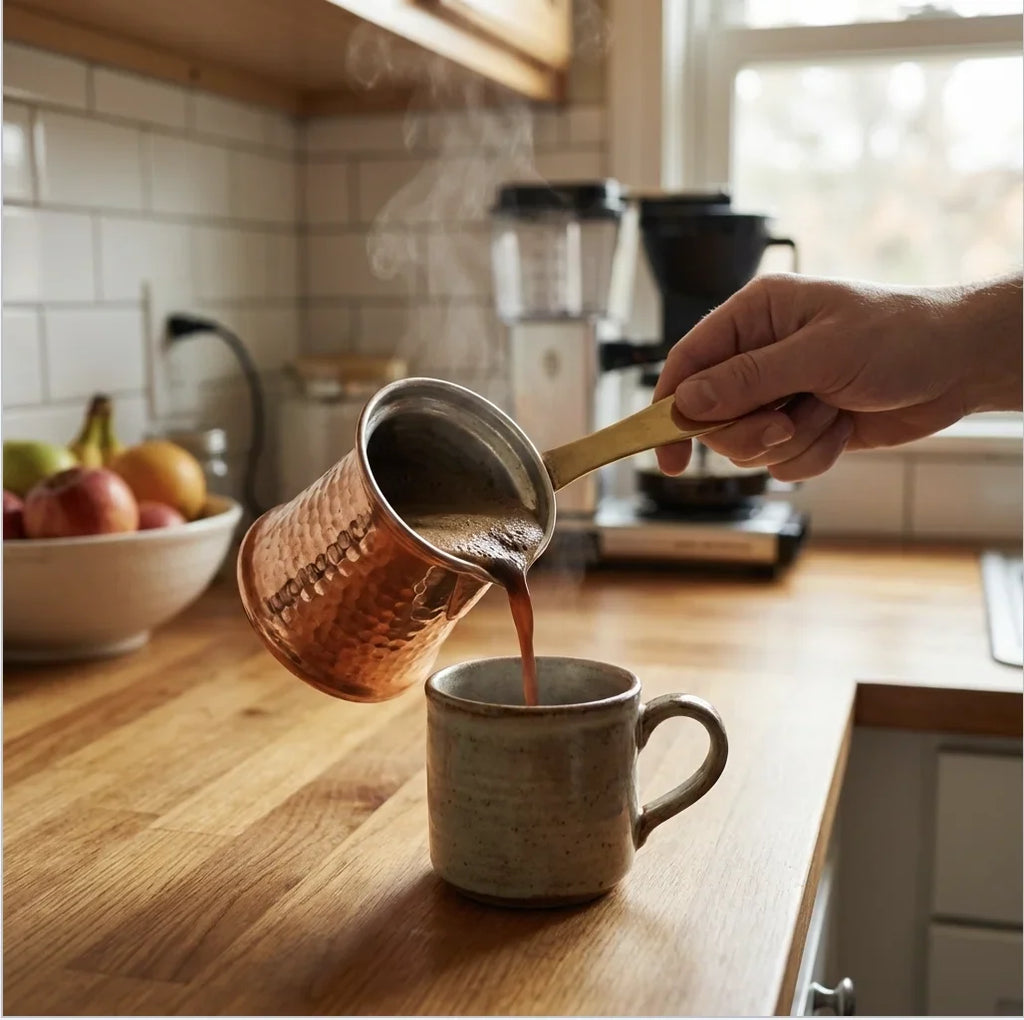Copper Mart Copper Turkish Coffee Pot (Ibrik) – Hand-Hammered Cezve, Tin-Lined (Kalai), Solid Copper