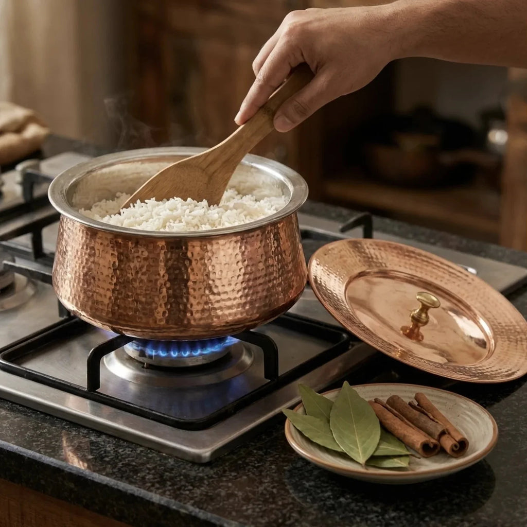 Copper Mart Copper Cooking Pot – Hand-Hammered Rice Pot with Lid, Tin-Lined (Kalai), Solid Copper