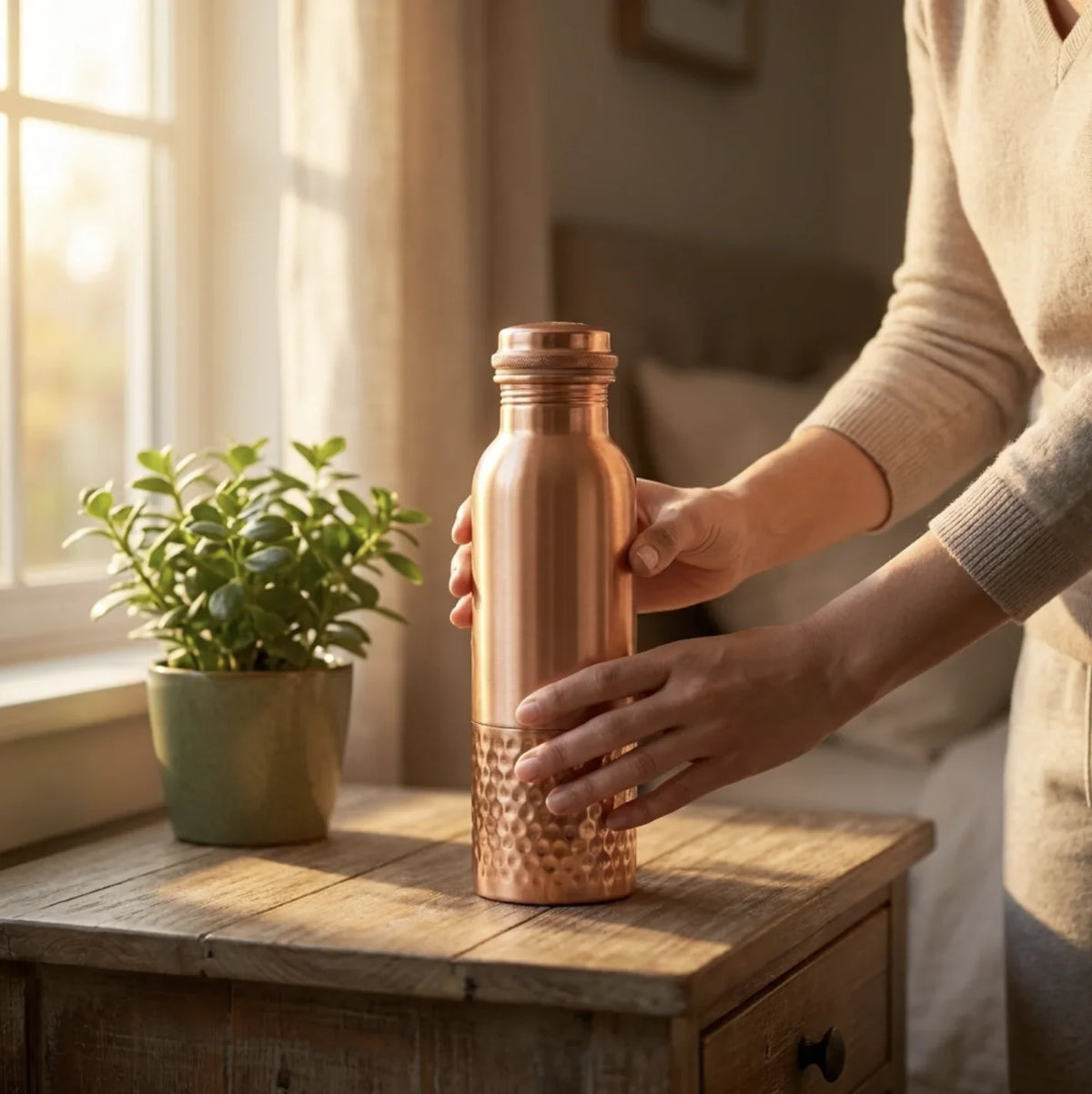 Copper Mart Hand-Hammered Copper Water Bottle – 34 oz, Leak-Proof