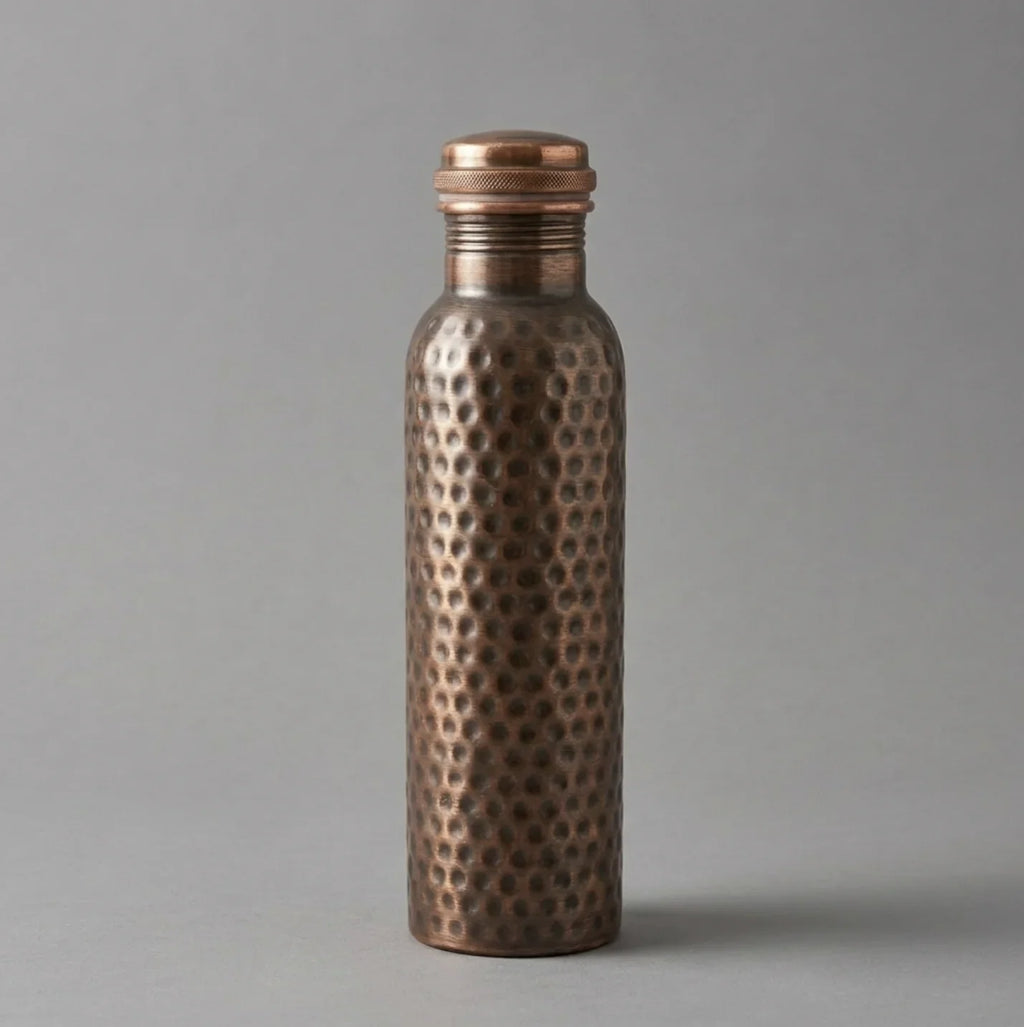 Copper Mart Antique Copper Water Bottle – 34 oz, Hand-Pressed Pattern, Dark Oxidized Finish