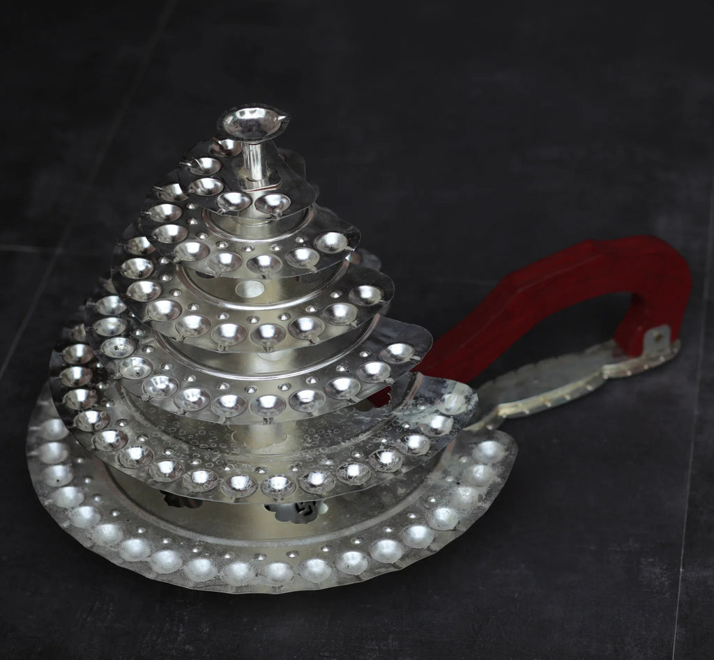 Copper Mart Artisanal German Silver 51-Flame Aarti – Grand Temple Ritual Lamp