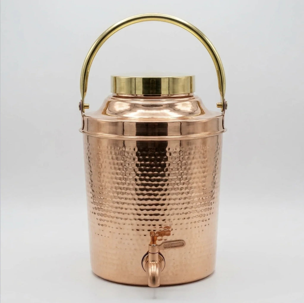 Copper Mart Copper Water Dispenser – Hand-Hammered Matka with Brass Handles, Lid & Tap