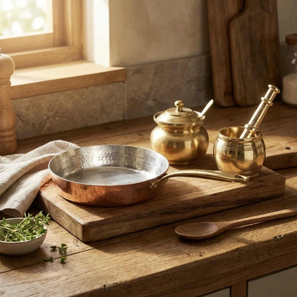 Copper Mart The Kitchen Starter – Copper Skillet + Brass Mortar & Pestle + Ghee Pot