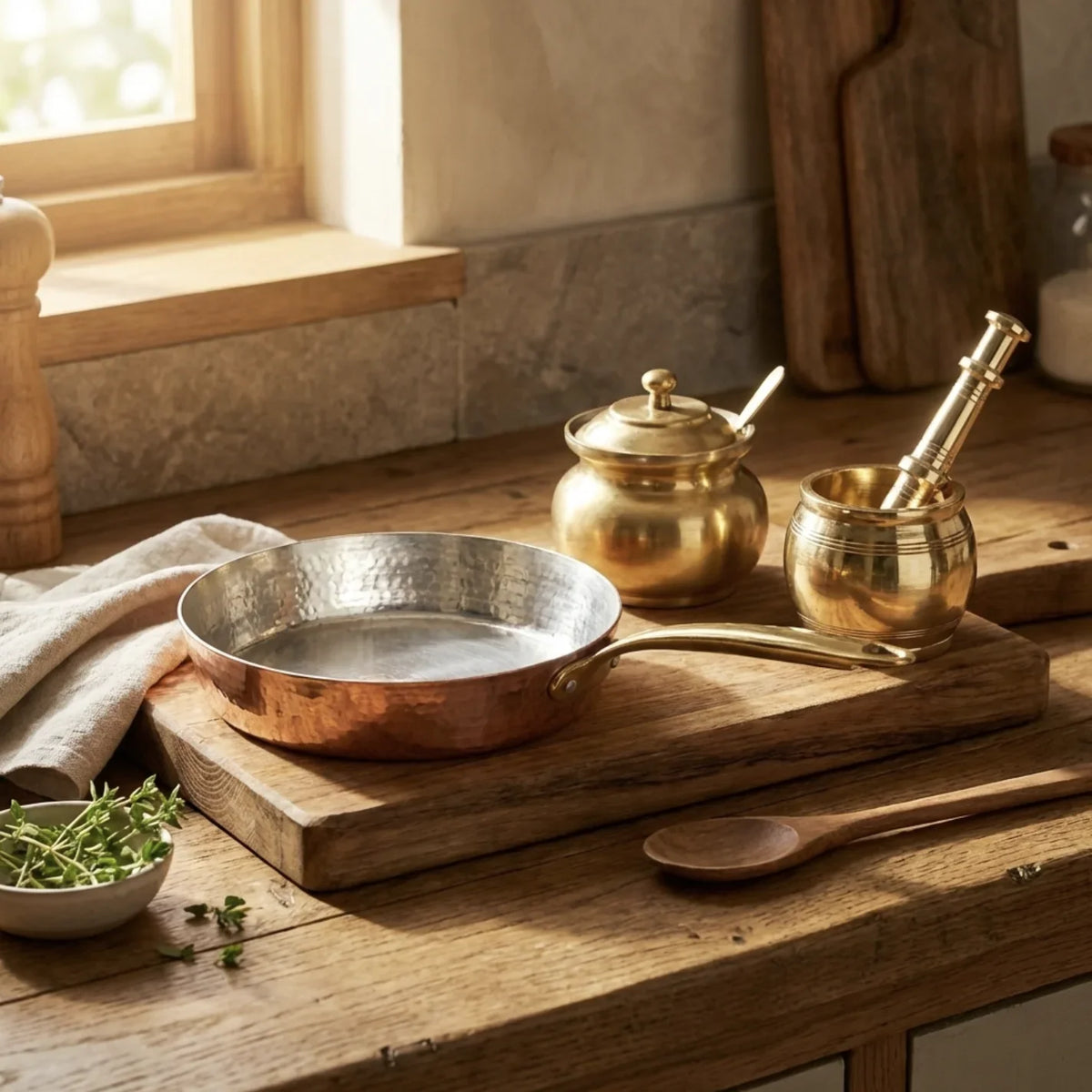 Copper Mart The Kitchen Starter – Copper Skillet + Brass Mortar & Pestle + Ghee Pot
