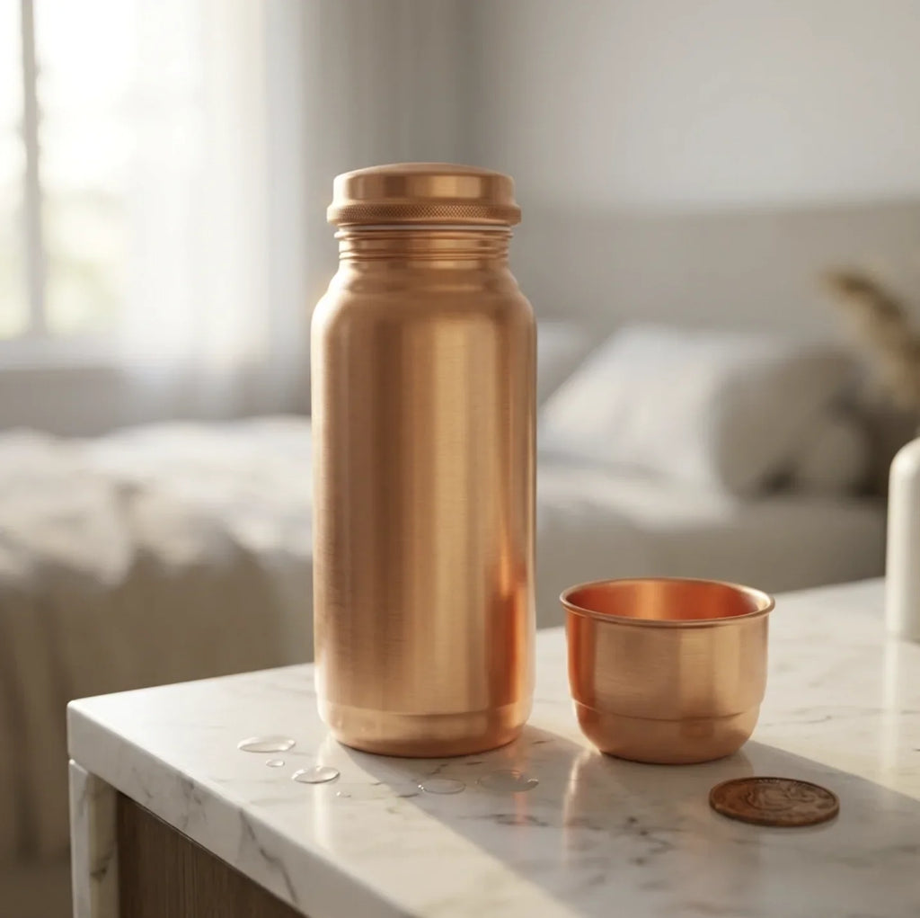 Copper Mart Copper Water Bottle with Drinking Bowl Lid – 67.6 oz (2 L), Jointless