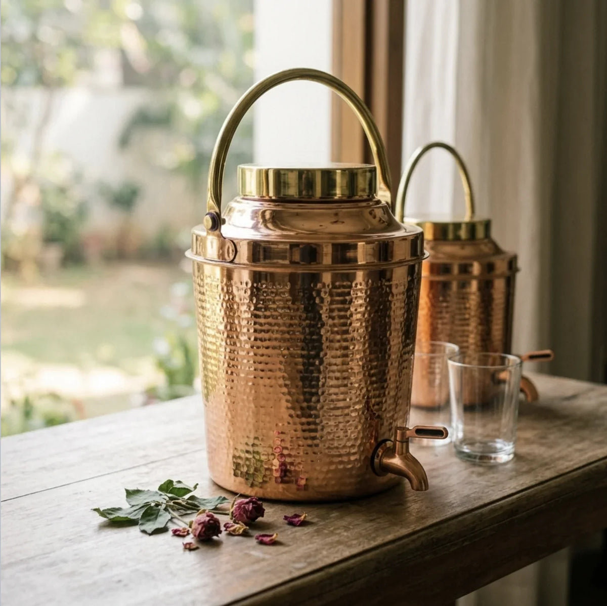 Copper Mart Copper Water Dispenser – Hand-Hammered Matka with Brass Handles, Lid & Tap