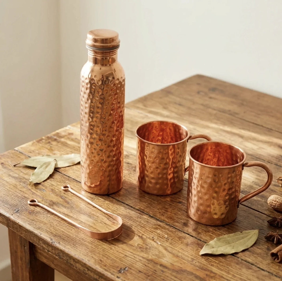 Copper Mart The Copper Morning Ritual – Tongue Scraper + Hammered Water Bottle + Pair of Mugs